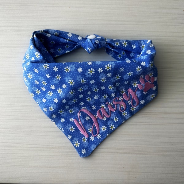 Dog Blue Bandana| White Daisy Flowers| Summer Elegant Dog Bandana.