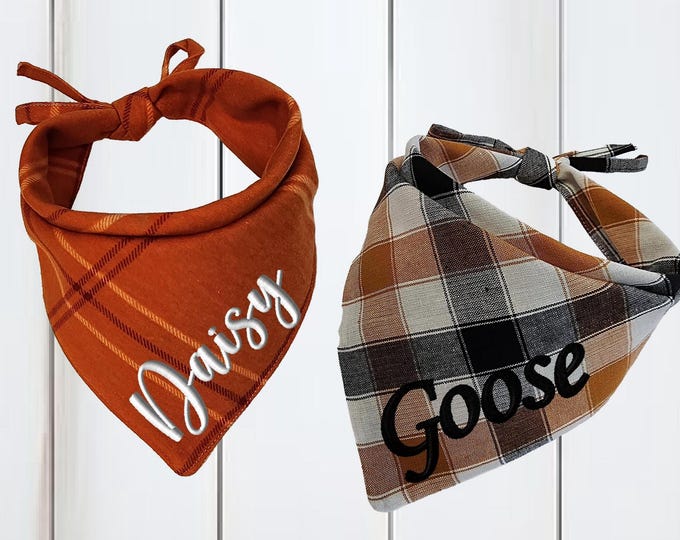 Personalized Plaid Dog Bandana: Embroidered Fall Pet Scarf
