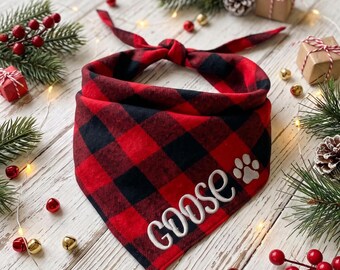 Buffalo Plaid Dog Bandana - Custom Embroidered Dog Bandana, Buffalo Plaid, Personalized Christmas Dog Scarf, Holiday Dog Gift - All Seasons