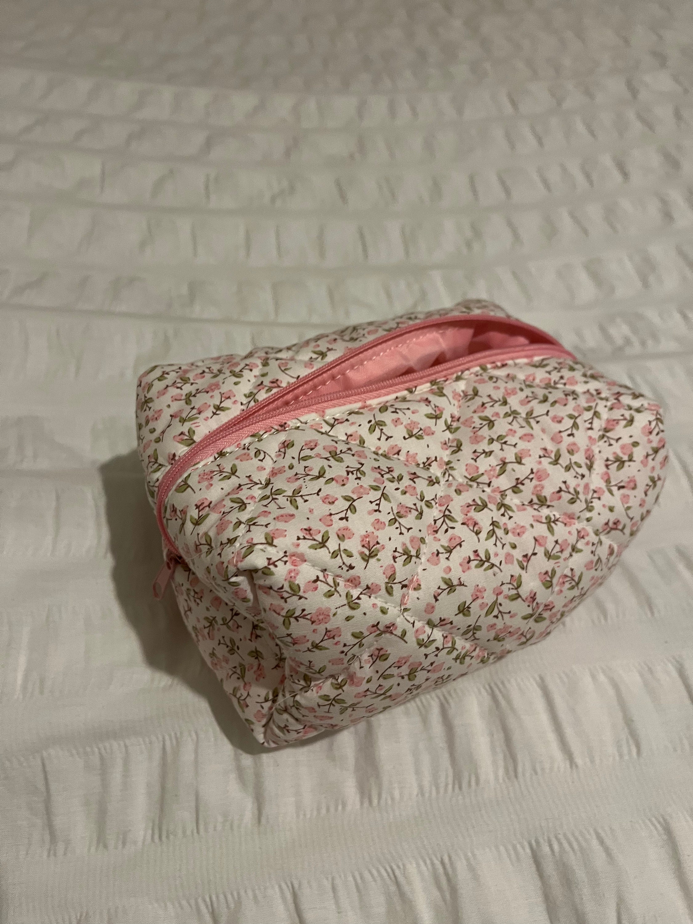 Pink Floral Quilted Makeup Bag, Quilted Travel Pouch, Cosmetic ...