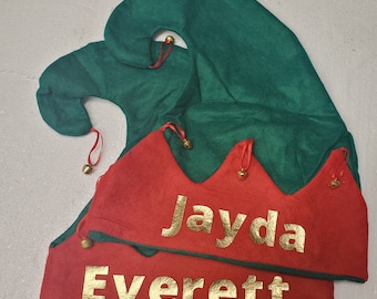 Personalized Christmas Red Green Elf Hat with bells Adult Teens