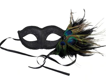 Black glitter Halloween Masquerade Venetian eye half face Mask with Peacock Feathers