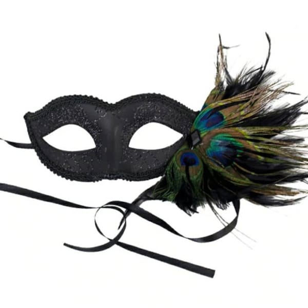 Black glitter Halloween Masquerade Venetian eye half face Mask with Peacock Feathers