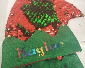 Personalized Christmas Red Green Sequin Flip Elf Hat with bells Adult Teens