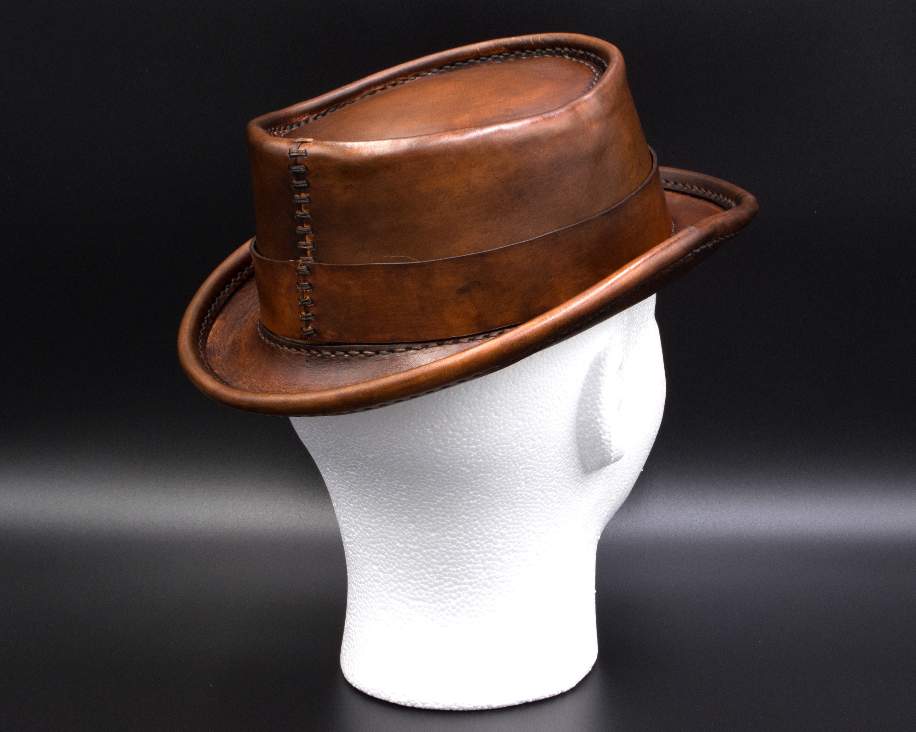 Leather Pork Pie Hat, Hand Rubbed Brown - Etsy