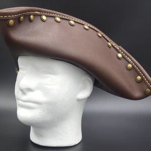 Tricorne Pirate Hat - Brown Full Grain Leather with Cream Stitching & Brass Rivets