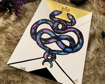 Original handmade A5 illustration on thick paper 250g with felts, Cosmic Snake