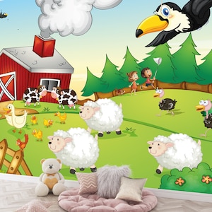 Kids Room Vibrant Farm Scene with Toucan & Various Animals Waterproof Wallpaper – Cow, Sheep, Rooster and Duck