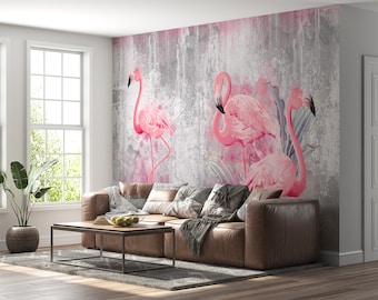 Flamingos Pink Concrete Background Wall Mural - Peel and Stick, Removable Wallpaper, Waterproof for Living Room & Bedroom