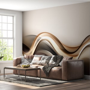 Abstract Brown Wave 3D Wall Mural - Brown & White, Self-Adhesive Vinyl Wallpaper, Waterproof for Living Room and Bedroom