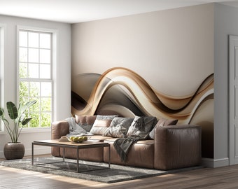 Abstract Brown Wave 3D Wall Mural - Brown & White, Self-Adhesive Vinyl Wallpaper, Waterproof for Living Room and Bedroom