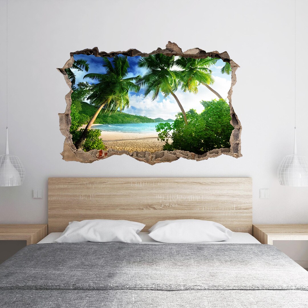 Wall Sticker Beach Landscape With Palm 3D Hole in the Wall Effect Decal