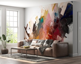 Abstract Painting Effect Wall Mural - Rainbow Colors, Peel and Stick, Removable Wallpaper, Waterproof for Living Room & Bedroom