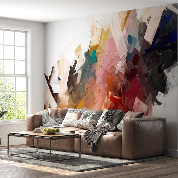 Abstract Painting Effect Wall Mural - Rainbow Colors, Peel and Stick, Removable Wallpaper, Waterproof for Living Room & Bedroom