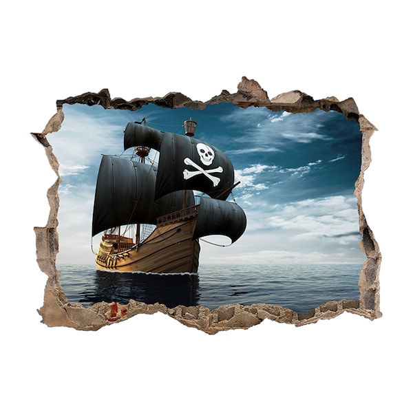 Wandtattoo Piratenschiff Segel auf Meer 3D Loch in der Wand Effekt Aufkleber Wandbild