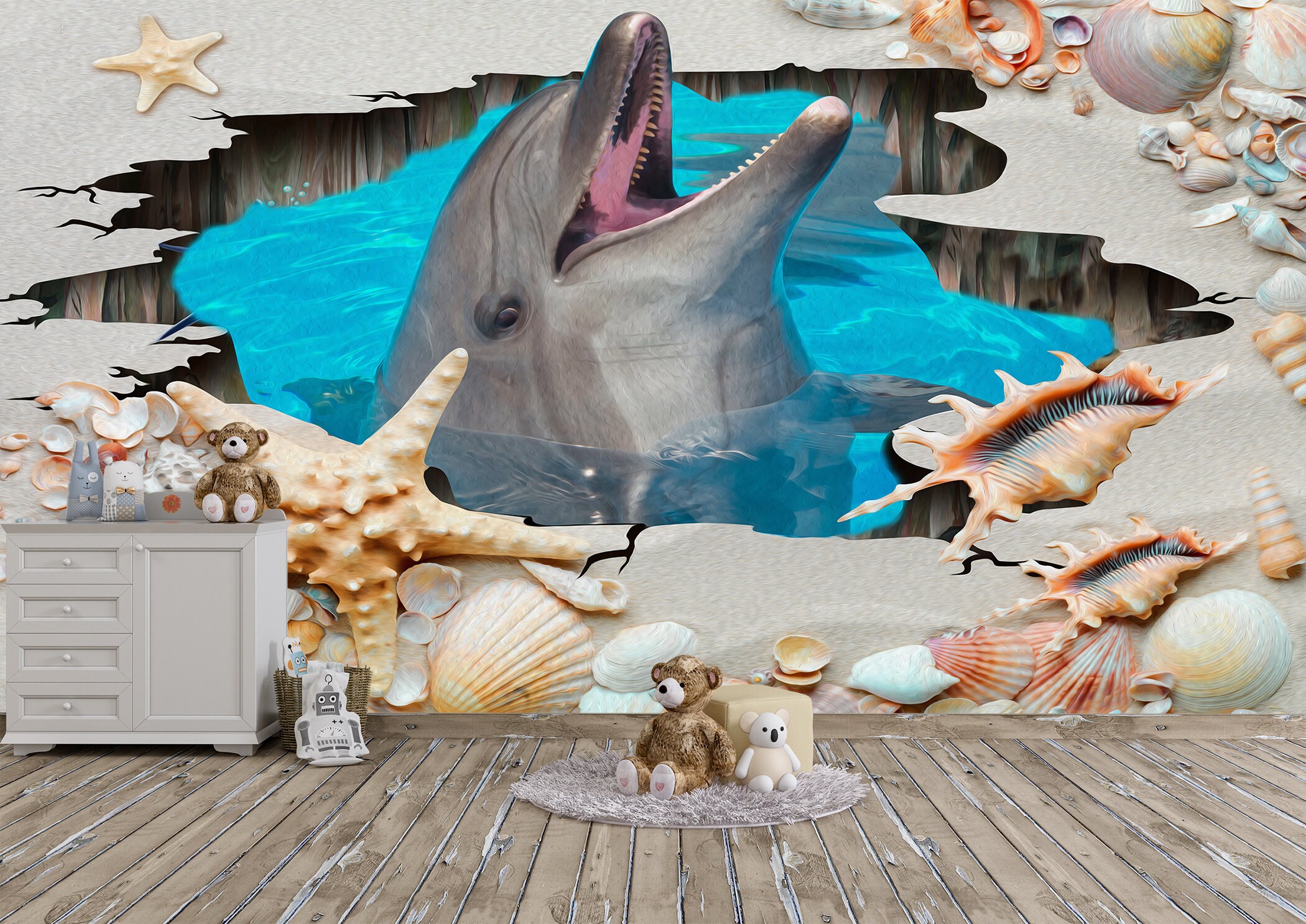 Dolphin and Shells Theme Wall Mural Photo Wallpaper UV Print Etsy UK