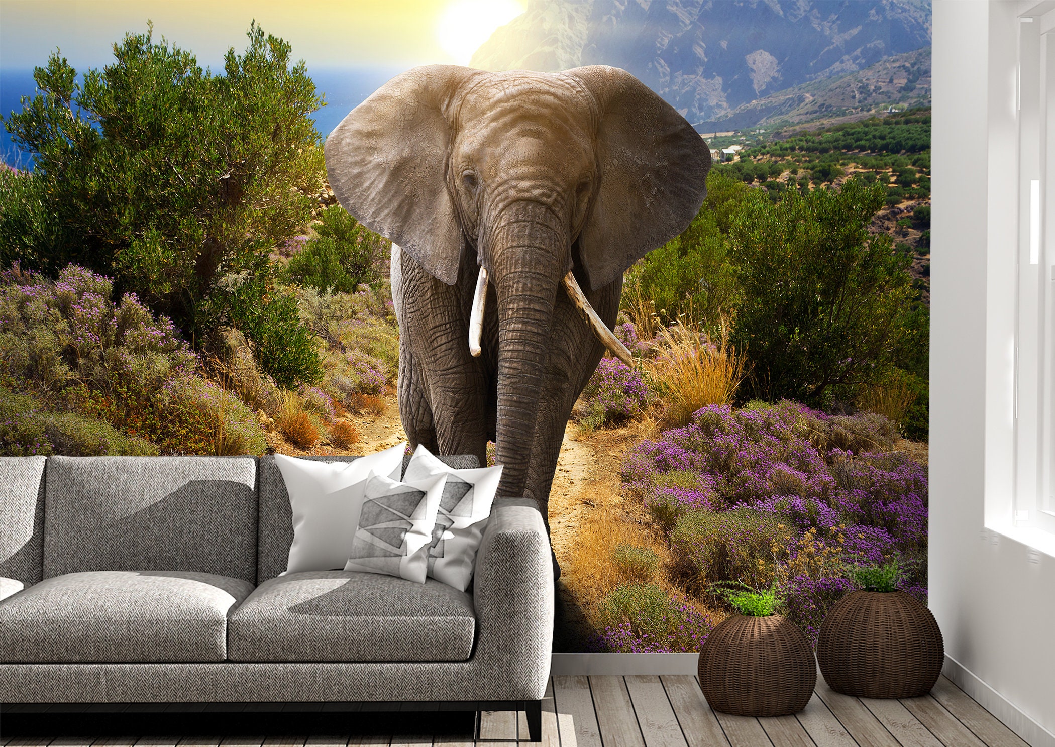 Elephant Landscape Wall Mural Wallpaper Wall Art Peel & Stick Etsy