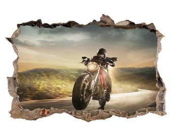 Wall Sticker Harley Driving & Landscape 3D Hole in The Wall Effect Decal Mural