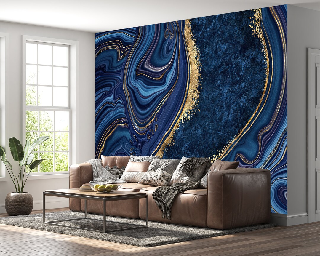 Navy Blue Marble Wallpaper Blue Marble Print, Large Wall Art, Wall