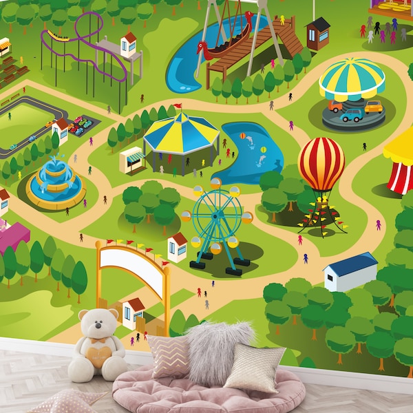 Kids Room Vibrant Amusement Park Scene Waterproof Wallpaper – Roller Coaster, Carousel, Circus Tent & Ferris Wheel