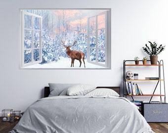 Wall Sticker Deer in Winter Scenery 3D Window Effect Self Adhesive Decal Mural