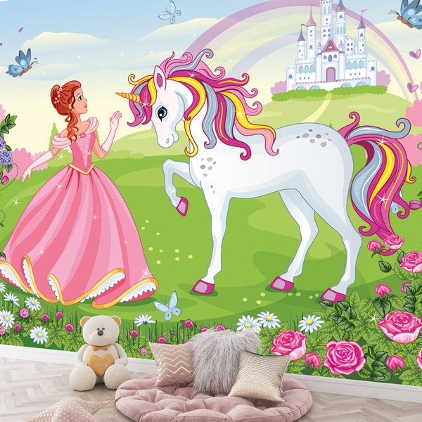 Princess Dress-Up Fantasy: Unicorn & Castle Adventure Waterproof Wallpaper for Kids' Playful Rooms
