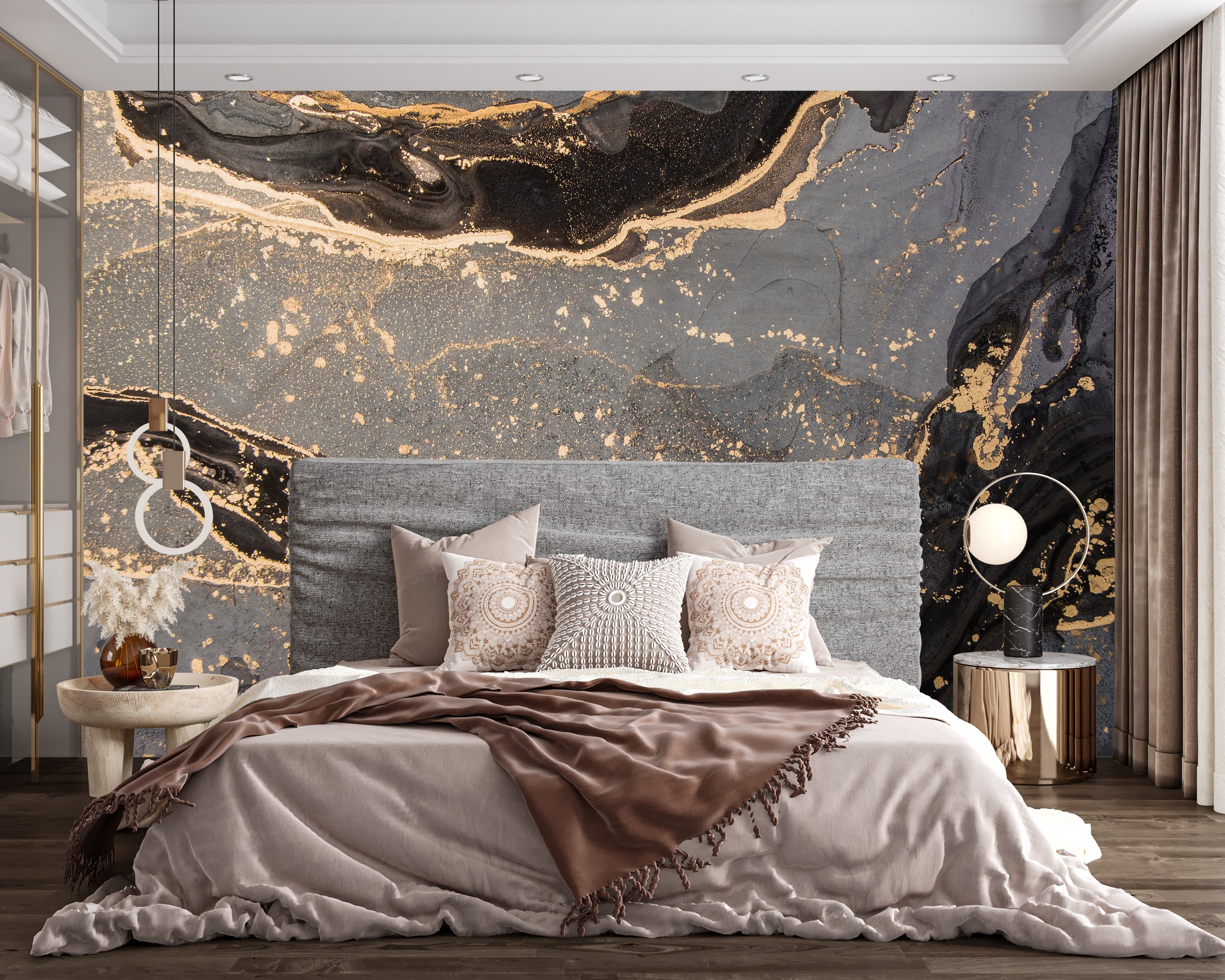 PVC Wallpaper Self Adhesive Black gold abstract of marble liquid ink art  painting on paper Image Peel and Stick Wallpaper Removable Large Wall Mural