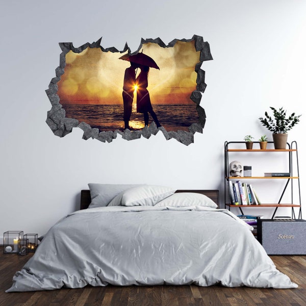 Wall Sticker Kissing Couple & Umbrella 3D Hole in The Wall C Effect Decal Mural