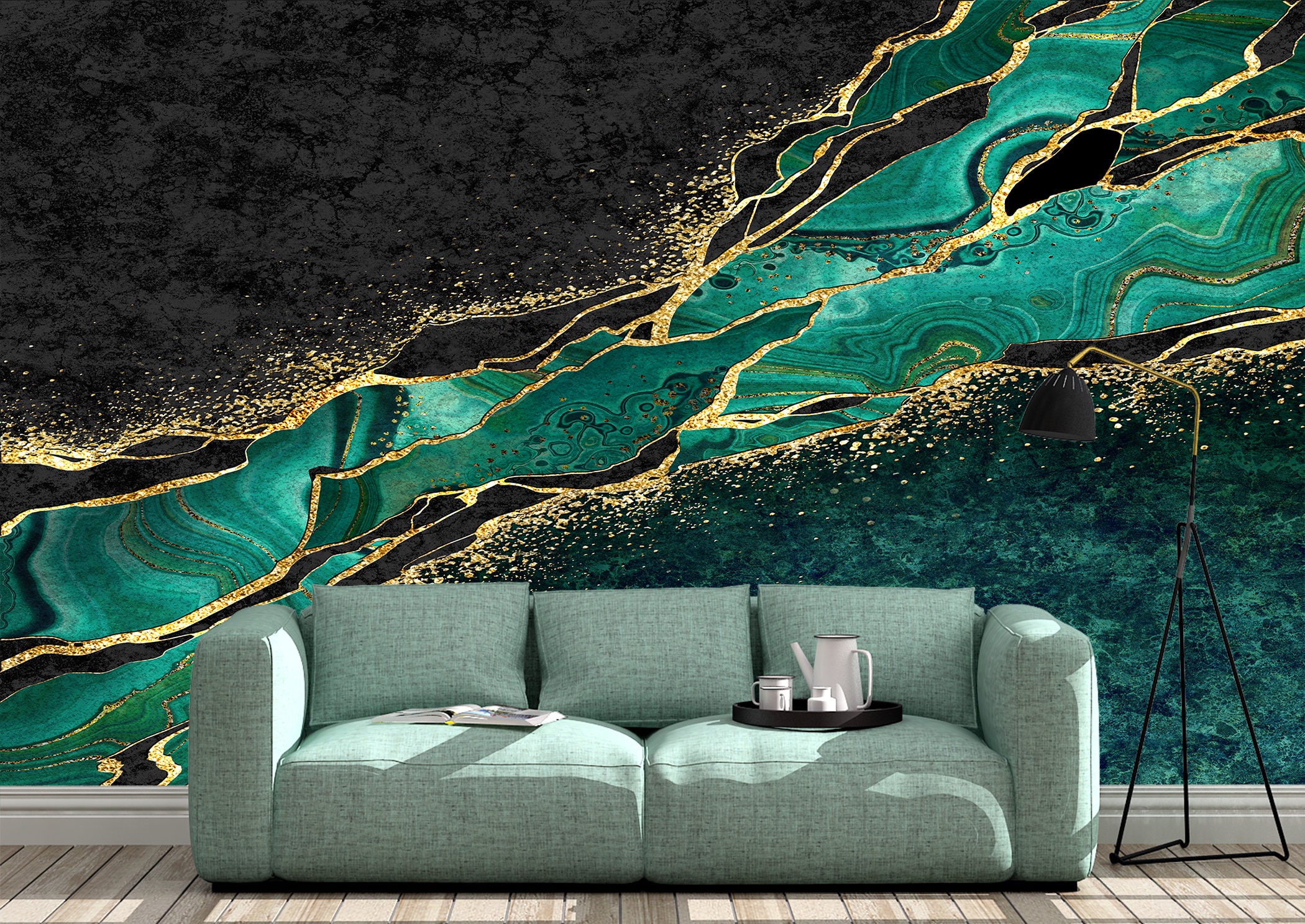 Green Marble with Gold Wall Mural Photo Wallpaper UV Print Etsy