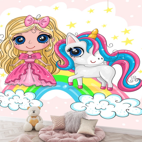 Princess & Unicorn Fantasy: Rainbow Sky and Dress-Up Magic Waterproof Wallpaper for Kids' Enchanted Rooms