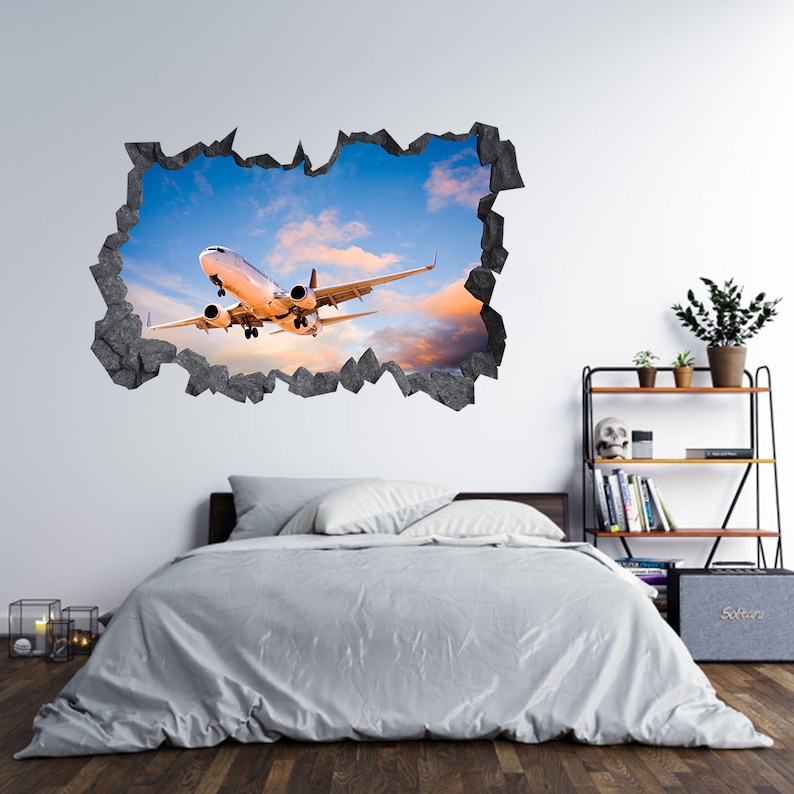 Passenger Plane in the Sky 3D Hole in The Wall C Effect Wall Sticker Decal Mural