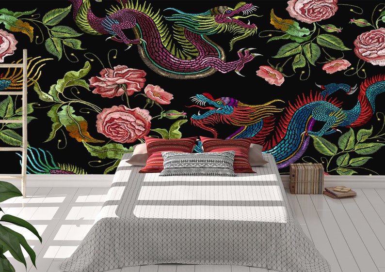 Dragons and Flowers Wall Mural Wallpaper Wall Art Peel & Stick | Etsy
