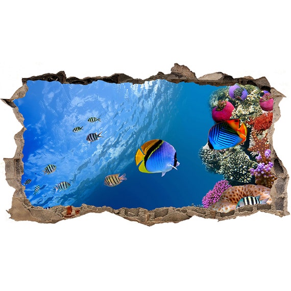 Wall Sticker Blue Coral Reef Fish 3D Hole in The Wall Effect C Decal Mural Home & Living Wall