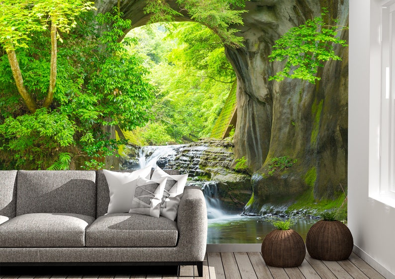 Waterfall and Trees Wall Mural Wallpaper Wall Art Peel & Stick Etsy