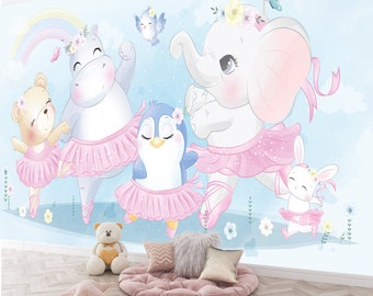 Papier peint imperméable fantaisie danse des animaux pour chambre d'enfant - ballerine ours en peluche, hippopotame dansant et licorne