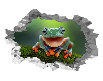 Wall Sticker Smiling Green Frog Life 3D Hole in The Wall B Effect Decal Mural