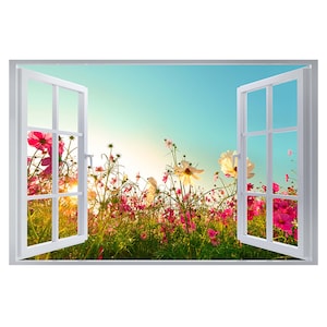 Wandtattoo Rosa Blumen Frühlingssonne 3D Fenstereffekt Selbstklebend Aufkleber Wandbild