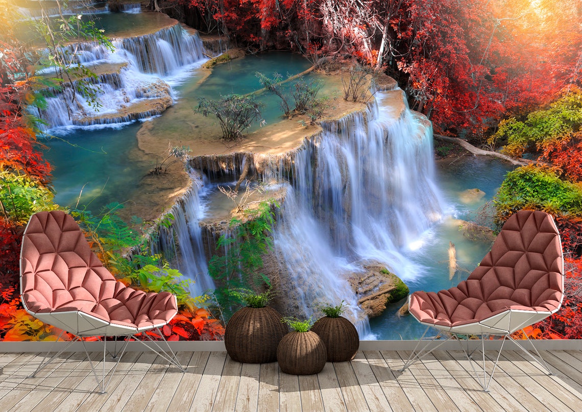 Paradiesischer Wasserfall Wandtattoo - Wald Wandaufkleber Selbstklebend