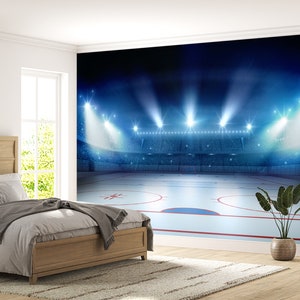 Ice Hockey Stadium Sport Wallpaper Mural: UV Print Decal Wall Art Décor for Sports Spaces and Entertainment Rooms
