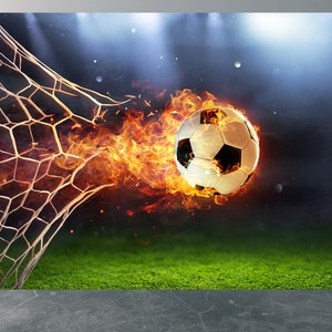 Fire Football Goal Wallpaper Mural: UV Print Decal Wall Art Décor for Sports Spaces and Entertainment Rooms