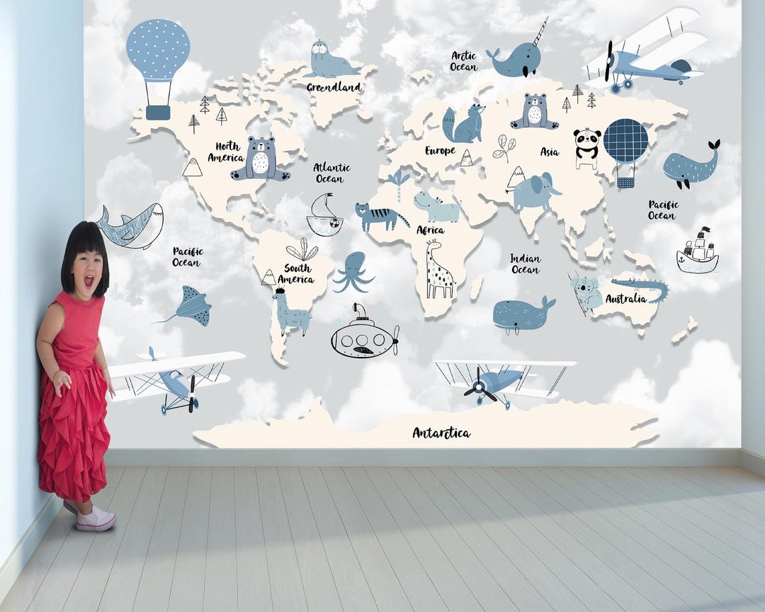 Kids Animals World Map Wallpaper Custom Nursery Wall Art Decor Peel and ...