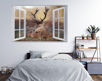 Wall Sticker Lonely Deer on the Grass 3D Window Effect Self Adhesive Decal Mural