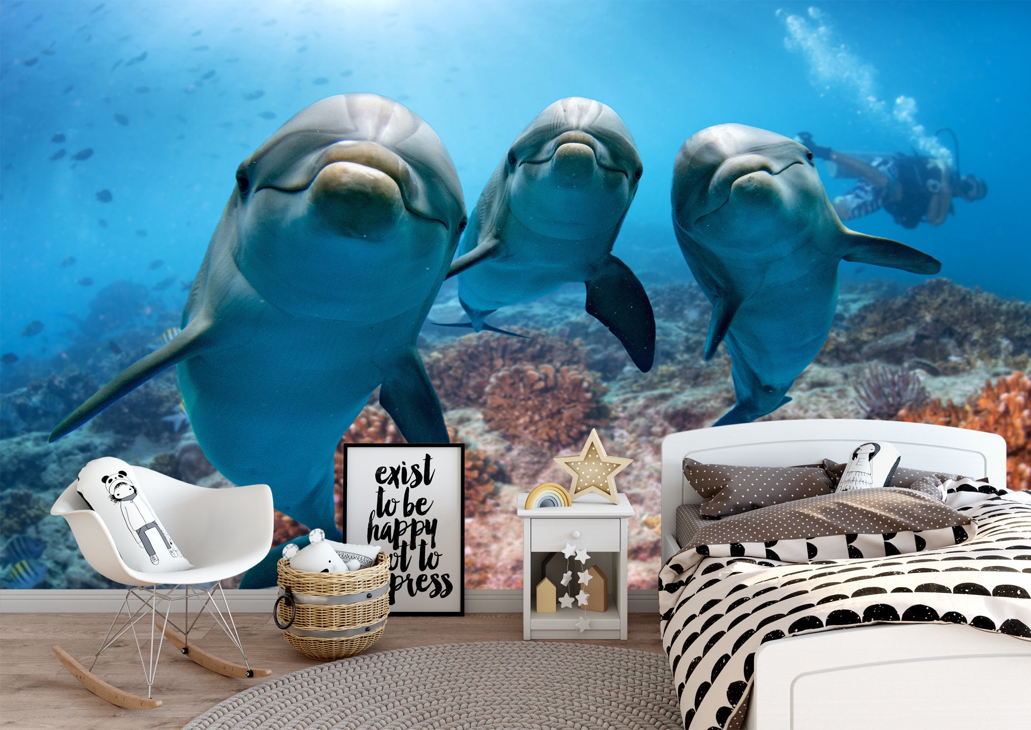 3D Dolphin Underwater World Wall Sticker Shark Wallpaper Wall Mural Kids  Bedroom Sticker Windows Wallpaper Home Decor Stickers