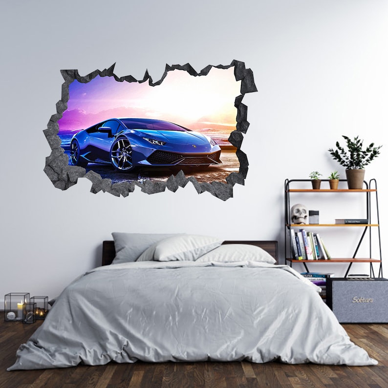 Autocollant Mural Lamborghini Aventador Sport Super voiture 3D trou dans le mur effet autocollant autocollant Art Mural image 3