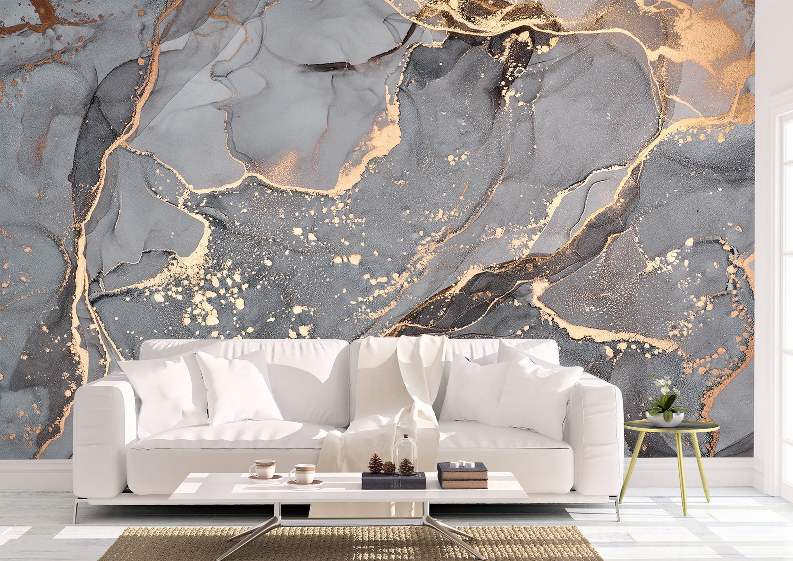 Grey and Gold Marble Wall Mural Wallpaper Wall Art Peel & Etsy