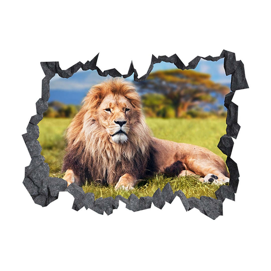 Wall Sticker Lion Picture in Nature 3D Hole in the Wall C Effect Decal ...