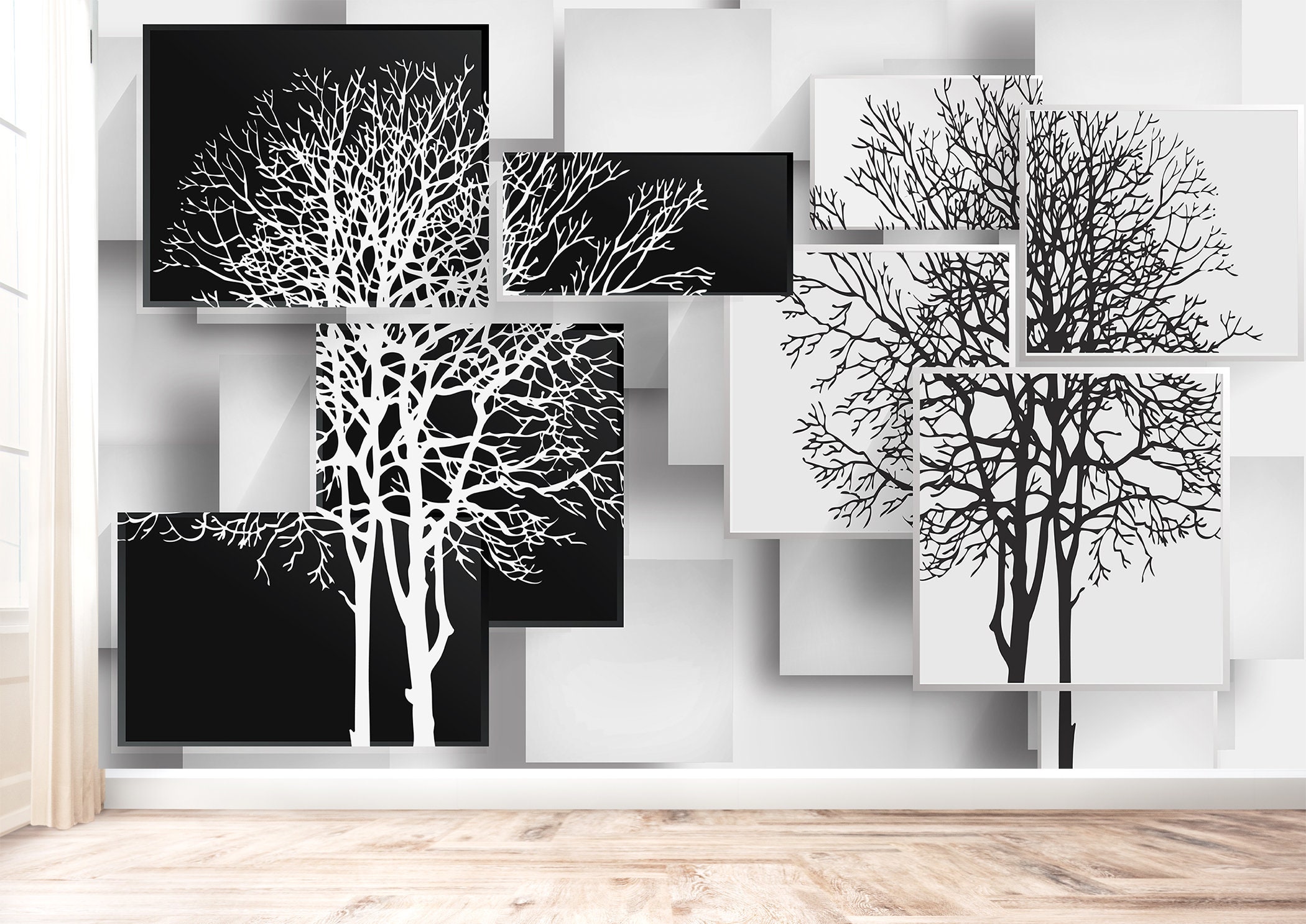 3D Black and White Trees Wall Mural Wallpaper Wall Art Peel & Etsy
