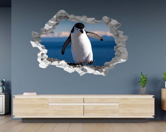 Wall Sticker Walking Penguin Nature 3D Hole in The Wall Effect B Decal Mural