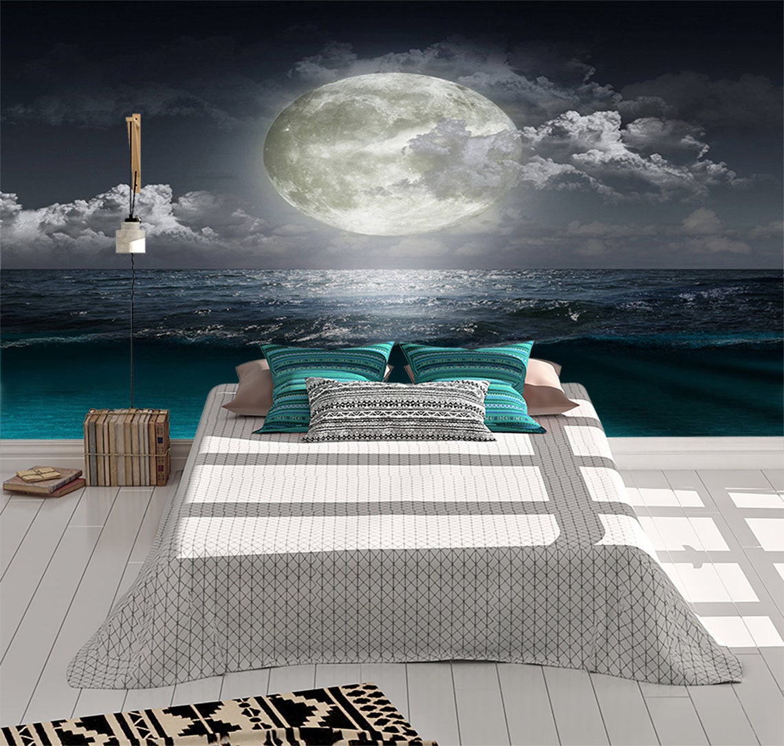 Full Moon on Sea Landscape Wall Mural Photo Wallpaper UV Print Etsy UK