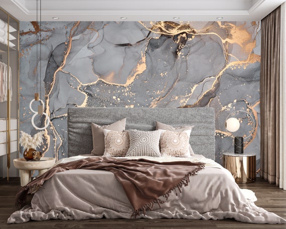 Mural de pared de mármol gris y dorado, papel pintado, arte de